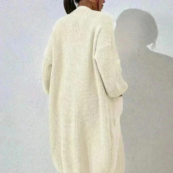 Beige Casual Women's Dual Pocket Drop Shoulder Open Front Cardigan - Picture 3 of 8